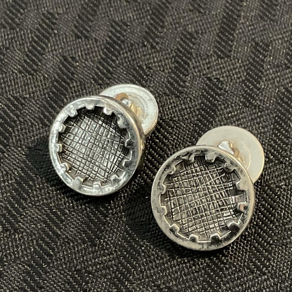 Silver Tone Round Textured Chain Link Cufflinks Mens Grid Gear Design Dress